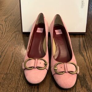 Coach Pink Suede Block Heel Front Buckle Shoe, size 9.